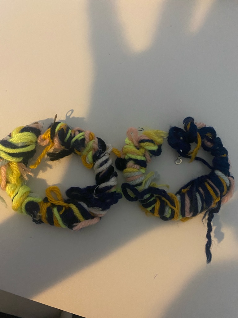 Handmade Multicolor Yarn Hoop Earrings - Neon Yellow, Navy & Pastel Pink